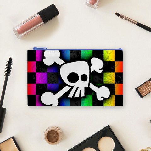 Checker Rainbow Skull Cosmetic Bag (Small) from ArtsNow.com Front