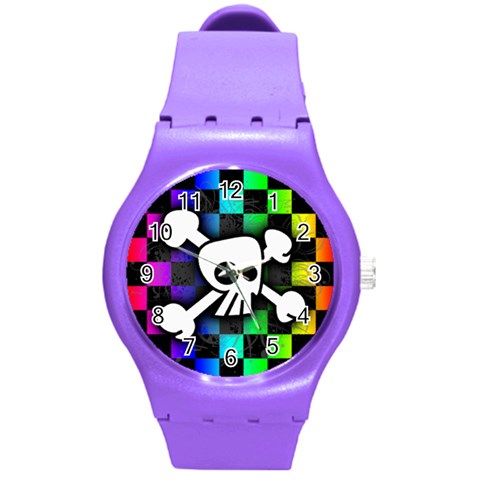 Checker Rainbow Skull Round Plastic Sport Watch Medium from ArtsNow.com Front