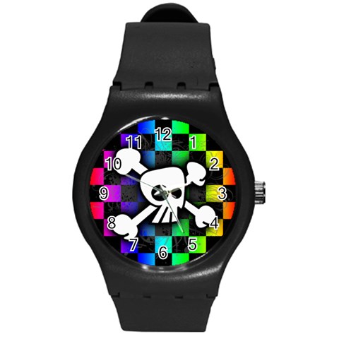 Checker Rainbow Skull Round Plastic Sport Watch Medium from ArtsNow.com Front