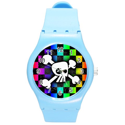 Checker Rainbow Skull Round Plastic Sport Watch Medium from ArtsNow.com Front