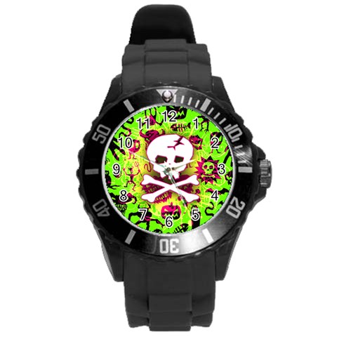 Deathrock Skull & Crossbones Round Plastic Sport Watch Large from ArtsNow.com Front