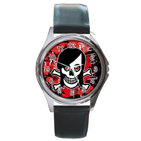 Emo Girl Skull Round Metal Watch from ArtsNow.com Front