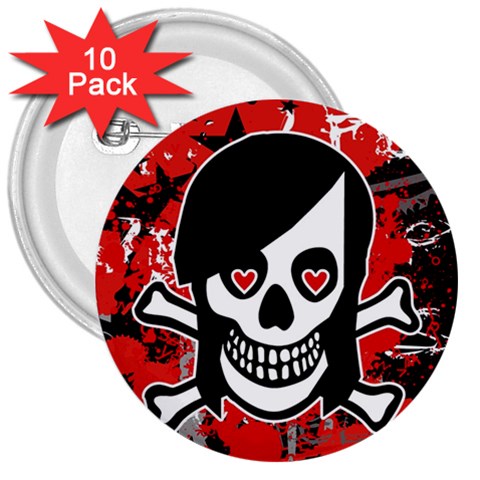 Emo Girl Skull 3  Button (10 pack) from ArtsNow.com Front