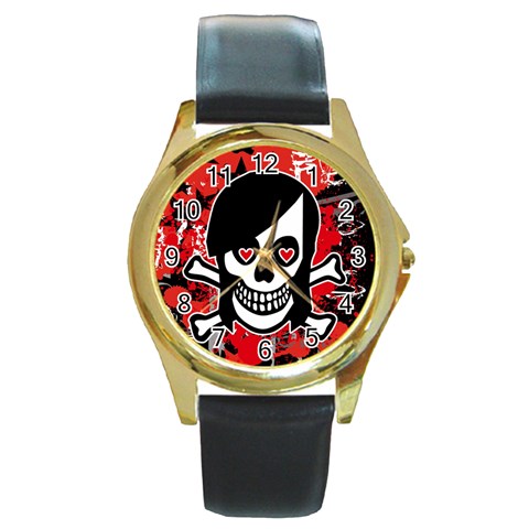 Emo Girl Skull Round Gold Metal Watch from ArtsNow.com Front