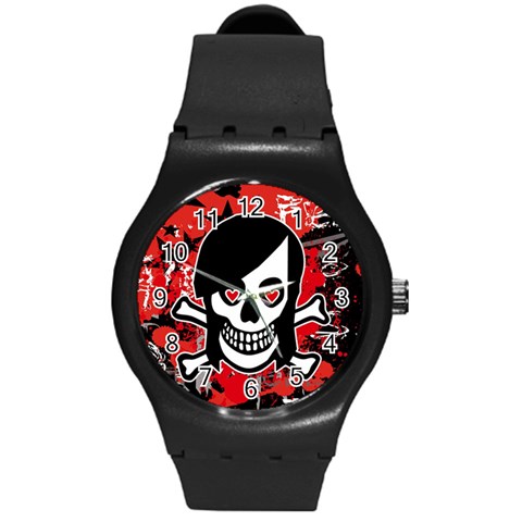 Emo Girl Skull Round Plastic Sport Watch Medium from ArtsNow.com Front