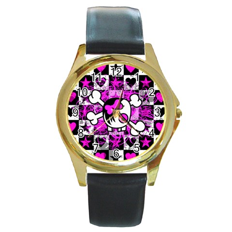 Emo Scene Girl Skull Round Gold Metal Watch from ArtsNow.com Front