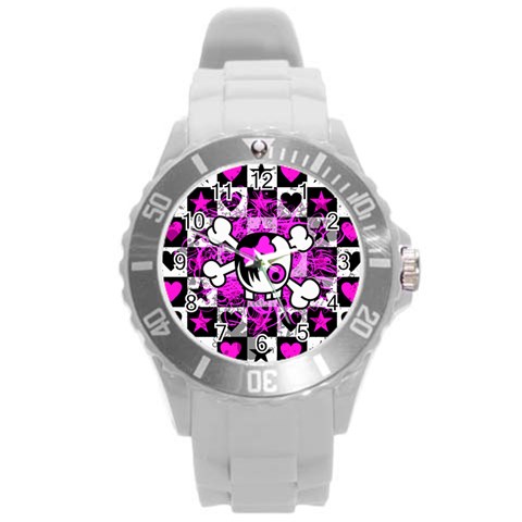 Emo Scene Girl Skull Round Plastic Sport Watch Large from ArtsNow.com Front