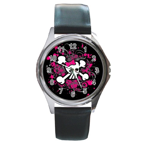 Girly Skull & Crossbones Round Metal Watch from ArtsNow.com Front