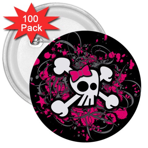 Girly Skull & Crossbones 3  Button (100 pack) from ArtsNow.com Front