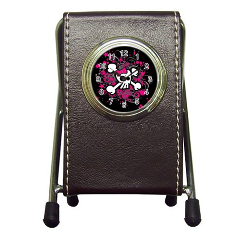 Girly Skull & Crossbones Pen Holder Desk Clock from ArtsNow.com Front