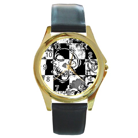 Grunge Skull Round Gold Metal Watch from ArtsNow.com Front