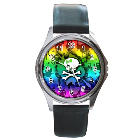 Kawaii Rainbow Skull Round Metal Watch from ArtsNow.com Front