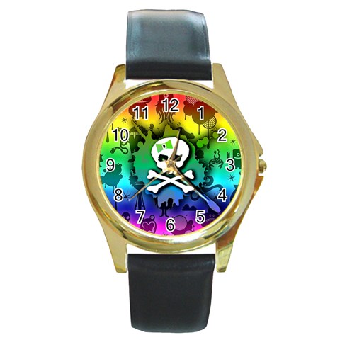 Kawaii Rainbow Skull Round Gold Metal Watch from ArtsNow.com Front