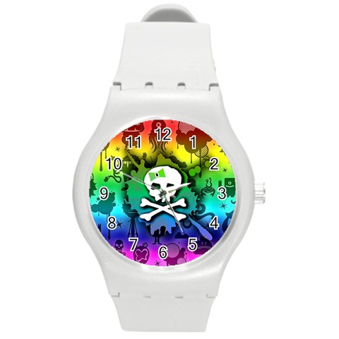 Kawaii Rainbow Skull Round Plastic Sport Watch Medium from ArtsNow.com Front