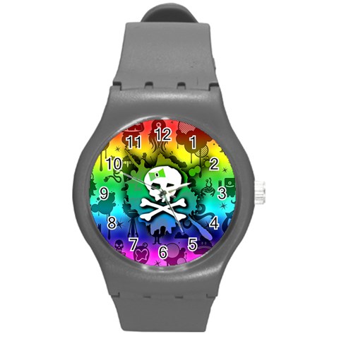 Kawaii Rainbow Skull Round Plastic Sport Watch Medium from ArtsNow.com Front