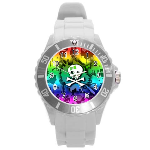 Kawaii Rainbow Skull Round Plastic Sport Watch Large from ArtsNow.com Front