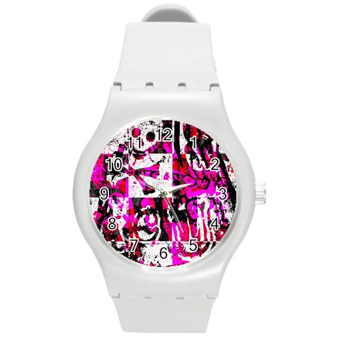 Pink Checker Graffiti Round Plastic Sport Watch Medium from ArtsNow.com Front