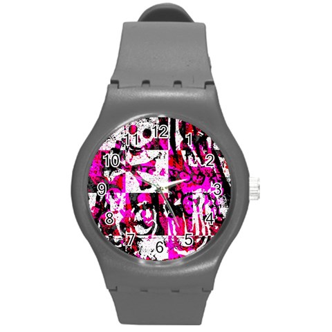 Pink Checker Graffiti Round Plastic Sport Watch Medium from ArtsNow.com Front