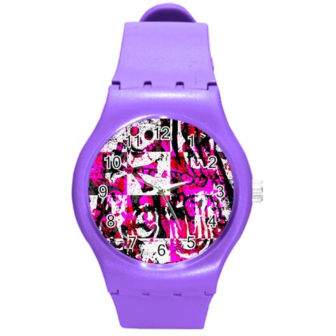 Pink Checker Graffiti Round Plastic Sport Watch Medium from ArtsNow.com Front