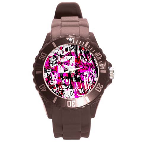 Pink Checker Graffiti Round Plastic Sport Watch Large from ArtsNow.com Front