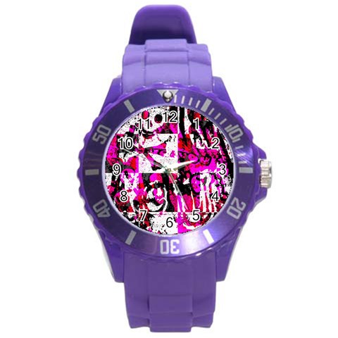 Pink Checker Graffiti Round Plastic Sport Watch Large from ArtsNow.com Front