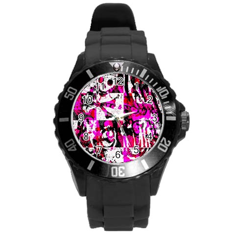 Pink Checker Graffiti Round Plastic Sport Watch Large from ArtsNow.com Front