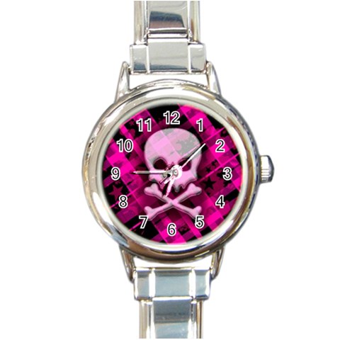 Pink Plaid Skull Round Italian Charm Watch from ArtsNow.com Front