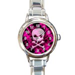 Pink Plaid Skull Round Italian Charm Watch