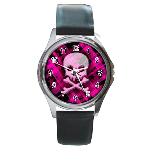 Pink Plaid Skull Round Metal Watch from ArtsNow.com Front