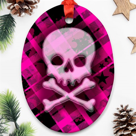 Pink Plaid Skull Ornament (Oval) from ArtsNow.com Front