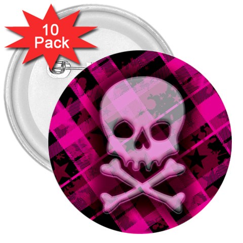 Pink Plaid Skull 3  Button (10 pack) from ArtsNow.com Front