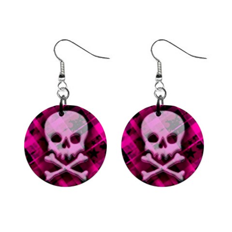 Pink Plaid Skull 1  Button Earrings from ArtsNow.com Front