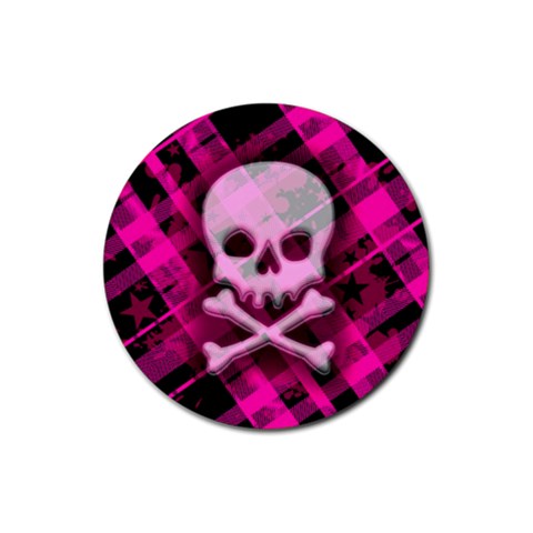 Pink Plaid Skull Rubber Coaster (Round) from ArtsNow.com Front