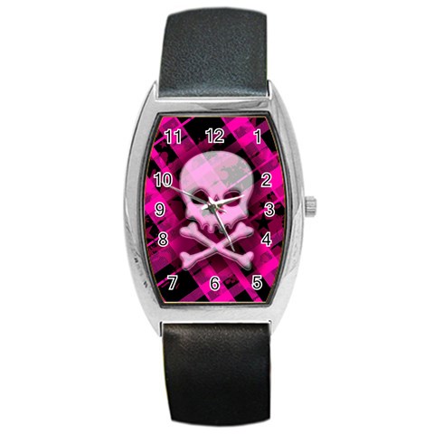 Pink Plaid Skull Barrel Style Metal Watch from ArtsNow.com Front