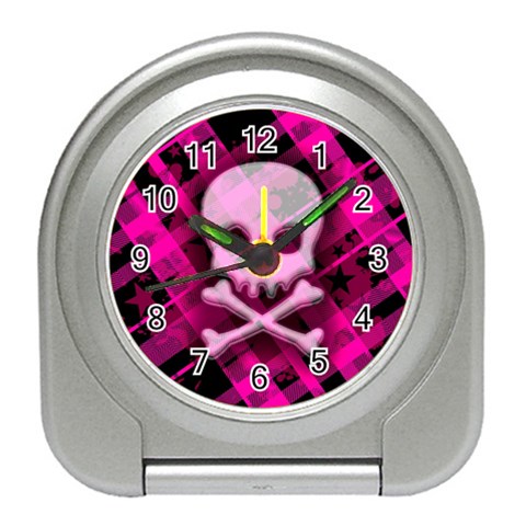 Pink Plaid Skull Travel Alarm Clock from ArtsNow.com Front