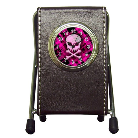 Pink Plaid Skull Pen Holder Desk Clock from ArtsNow.com Front