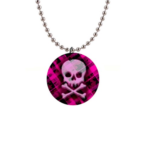 Pink Plaid Skull 1  Button Necklace from ArtsNow.com Front