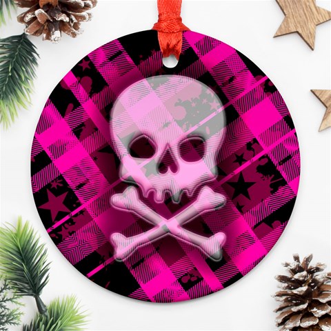 Pink Plaid Skull Round Ornament (Two Sides) from ArtsNow.com Back