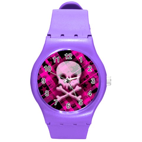 Pink Plaid Skull Round Plastic Sport Watch Medium from ArtsNow.com Front