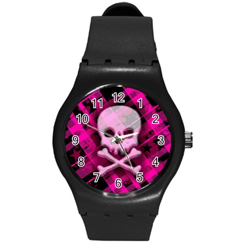 Pink Plaid Skull Round Plastic Sport Watch Medium from ArtsNow.com Front