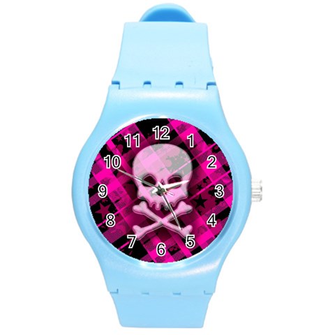 Pink Plaid Skull Round Plastic Sport Watch Medium from ArtsNow.com Front