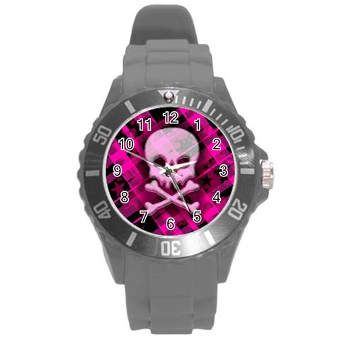 Pink Plaid Skull Round Plastic Sport Watch Large from ArtsNow.com Front