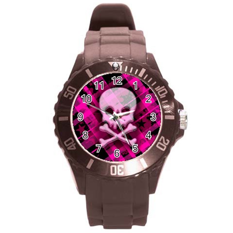 Pink Plaid Skull Round Plastic Sport Watch Large from ArtsNow.com Front