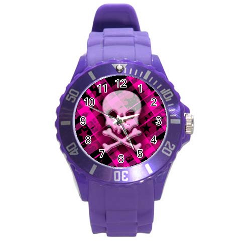 Pink Plaid Skull Round Plastic Sport Watch Large from ArtsNow.com Front