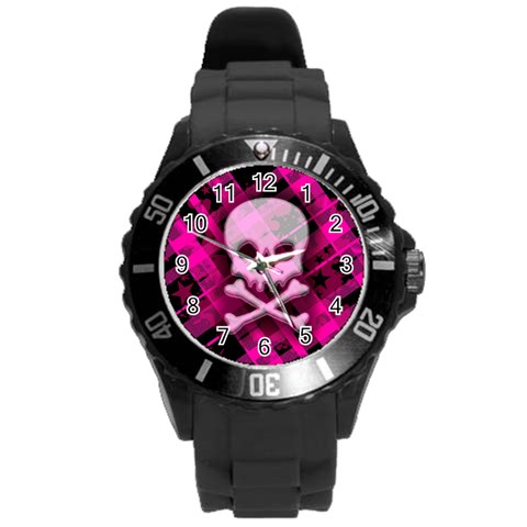 Pink Plaid Skull Round Plastic Sport Watch Large from ArtsNow.com Front