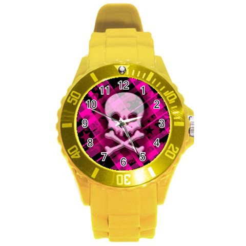 Pink Plaid Skull Round Plastic Sport Watch Large from ArtsNow.com Front