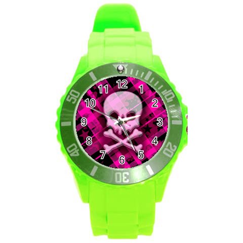 Pink Plaid Skull Round Plastic Sport Watch Large from ArtsNow.com Front