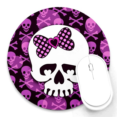 Pink Polka Dot Bow Skull Round Mousepad from ArtsNow.com Front