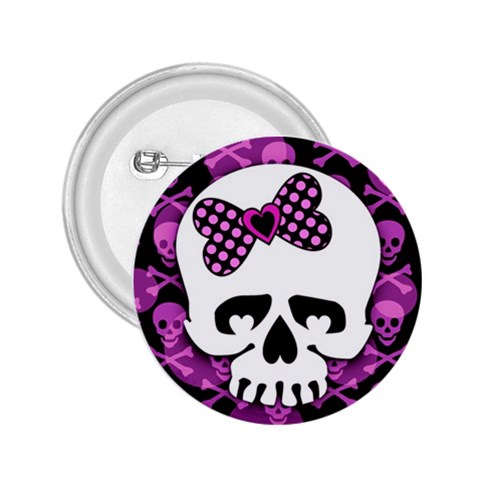 Pink Polka Dot Bow Skull 2.25  Button from ArtsNow.com Front