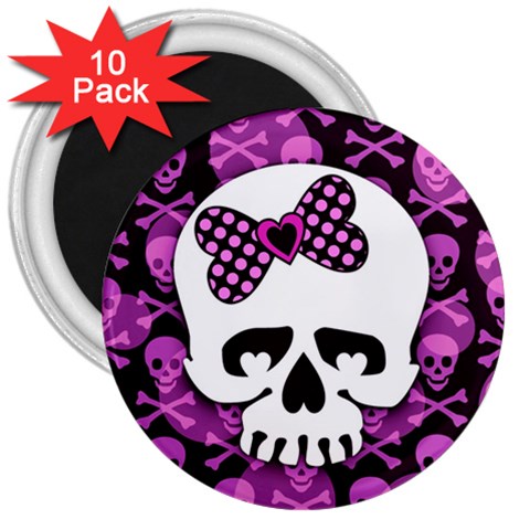 Pink Polka Dot Bow Skull 3  Magnet (10 pack) from ArtsNow.com Front